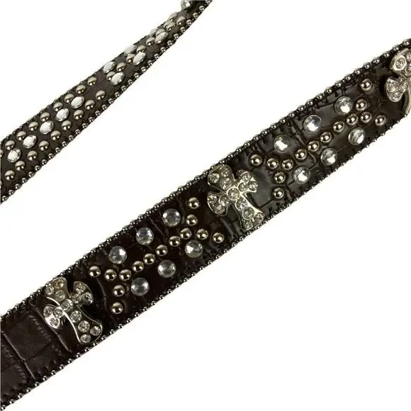 Ladies Western Rhinestone Belt Size S/M Brown Faux Leather Crosses Bling Cowgirl - Picture 3 of 4